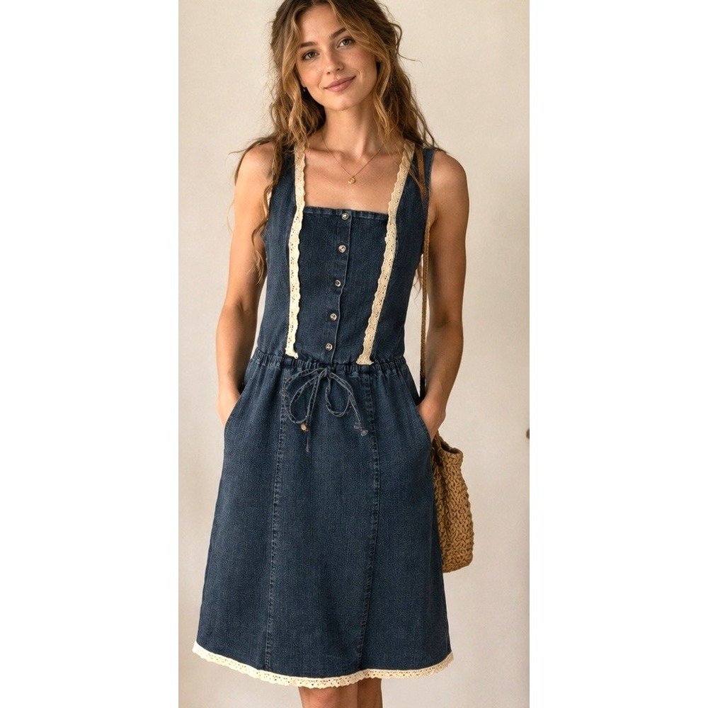 Vintage Y2K Hot Kiss Blue Denim Lace Dress Size M Sleeveless Cottage Coquette
